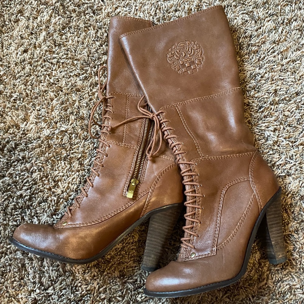 VINCE CAMUTO Clara’s teddy brown lace up knee-high boots